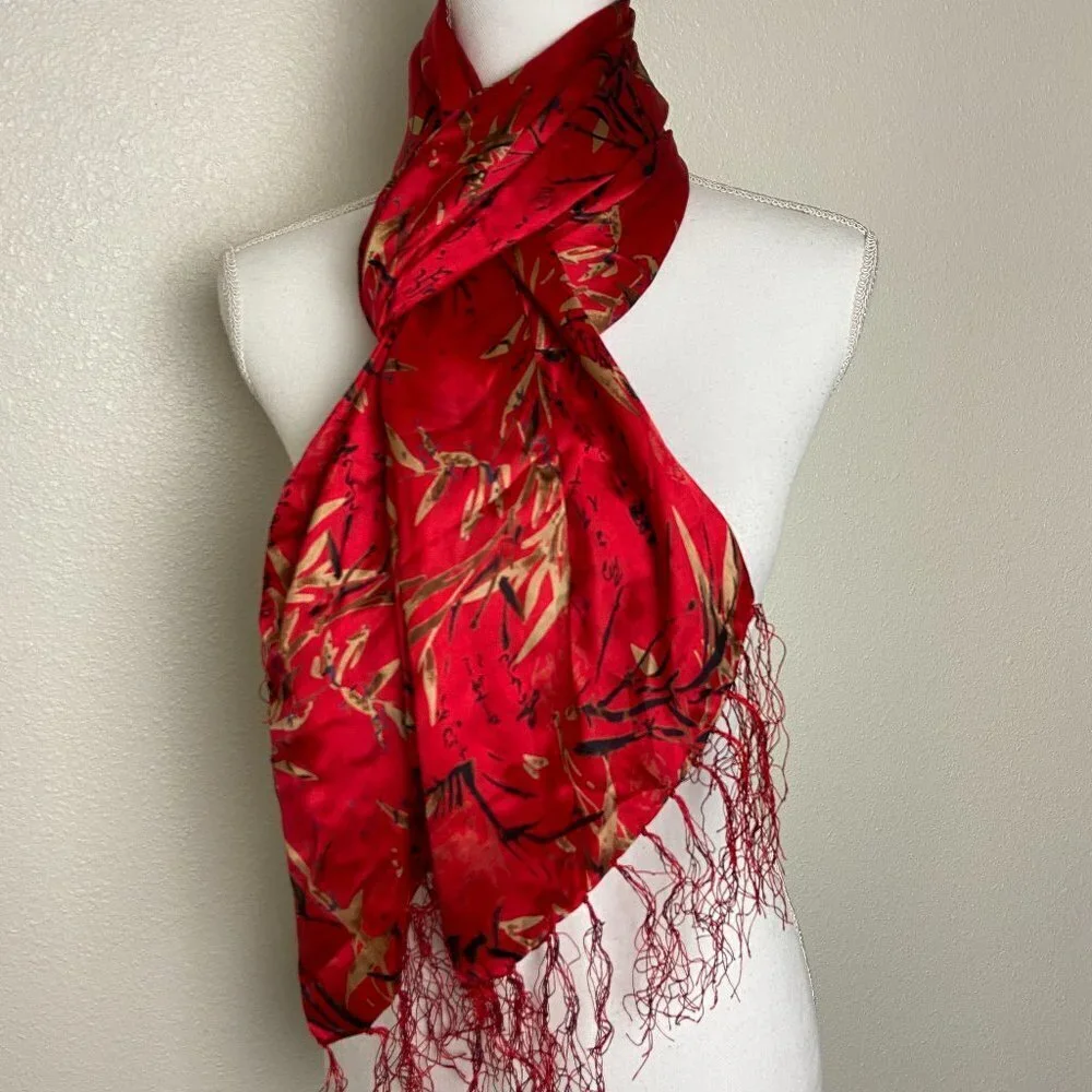 Red Silk Scarf Fringe Double